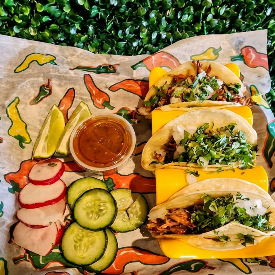 Three soft tacos filled with meat, cilantro, onions, and melted cheese, served with salsa, lime wedges, radishes, and cucumber slices.