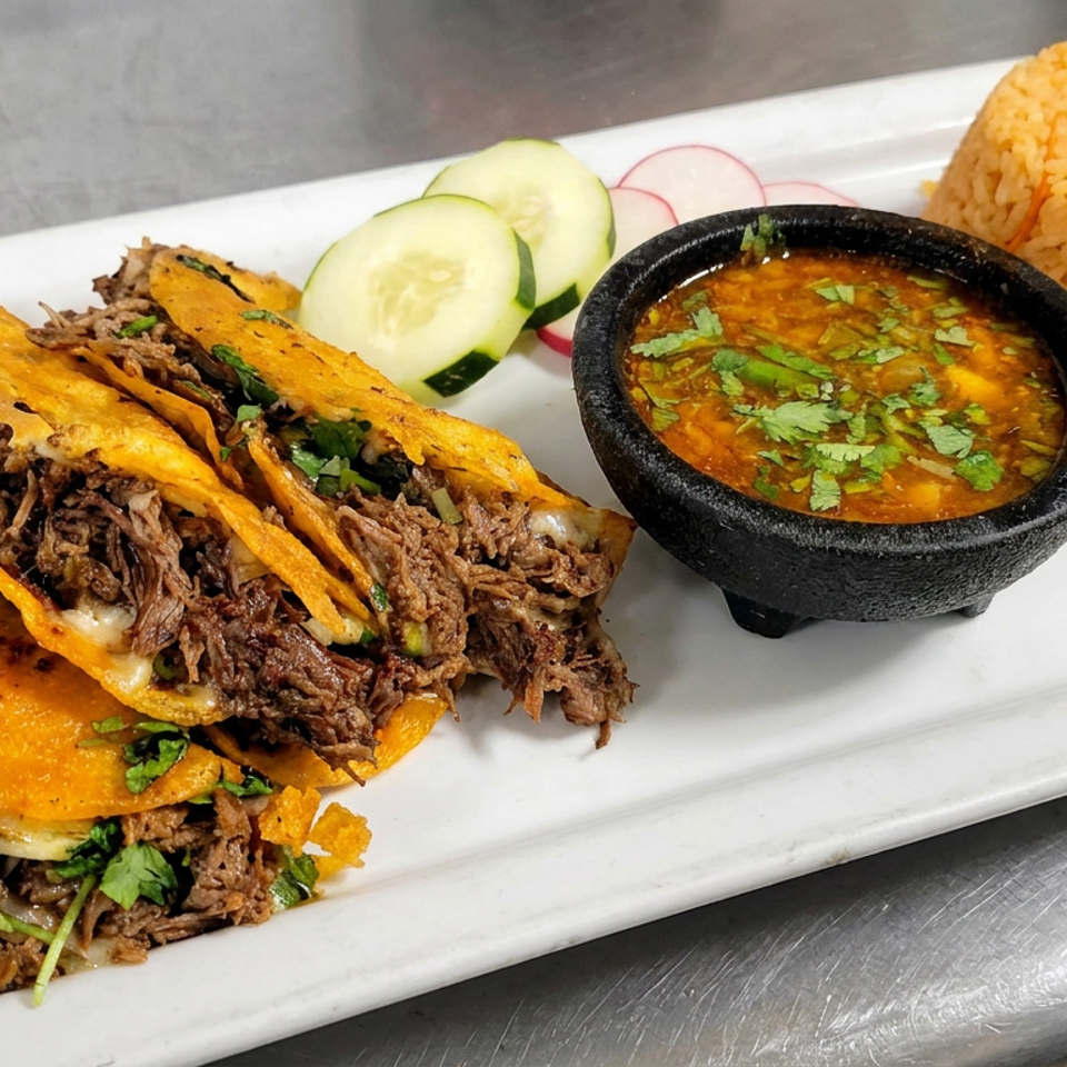Plate of shredded beef tacos with orange tortillas, cilantro, dipping soup, yellow rice, cucumber, and radish slices.