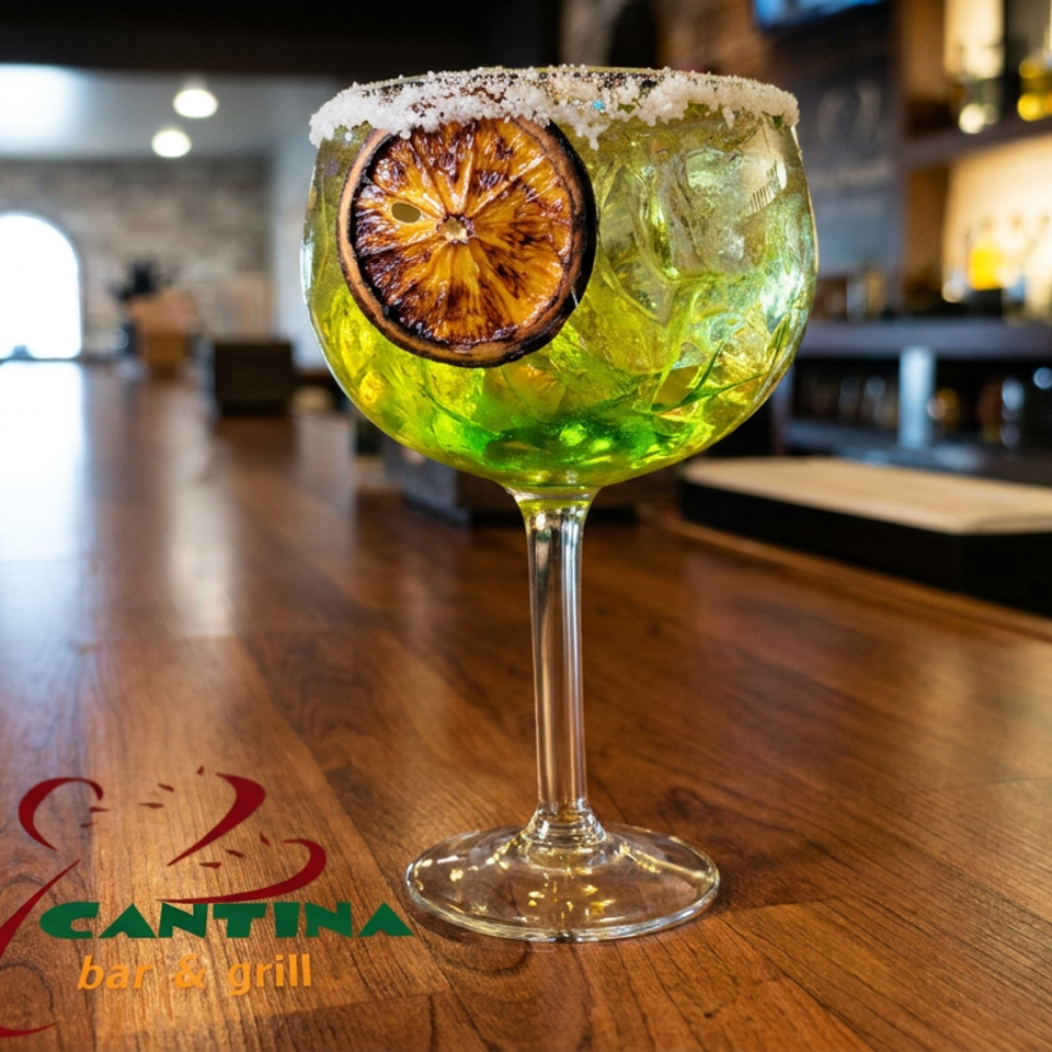 Salt-rimmed green cocktail with ice and a dried citrus slice on a wooden bar at La Cantina bar and grill.