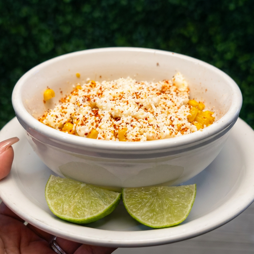 Bowl of creamy corn topped with crumbled cheese and spices, served with lime wedges on a white plate.