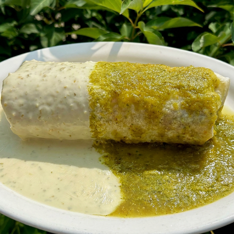 Burrito covered in creamy white and green sauces, served on a white plate against leafy greenery.