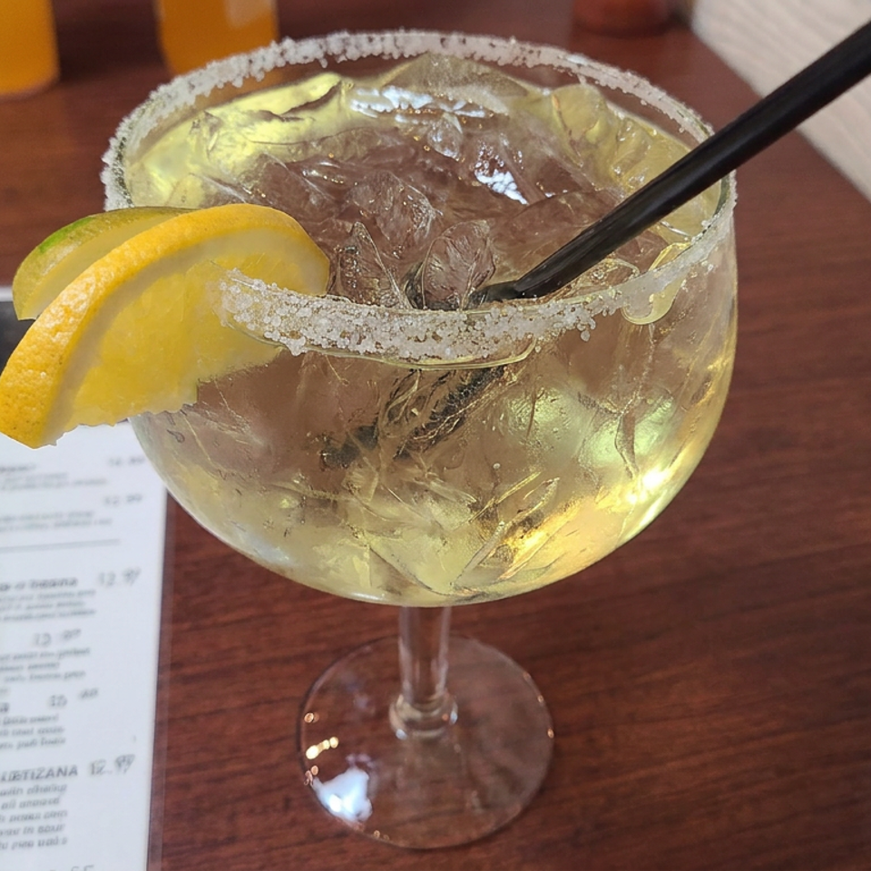 Salt-rimmed citrus cocktail with ice, lemon garnish, and black straw on a wooden restaurant table beside a menu.