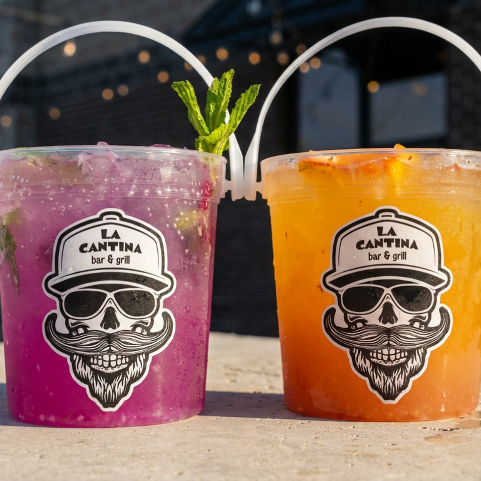 Two colorful La Cantina bar & grill drinks in branded cups, one purple and one orange, garnished with mint and orange slices.