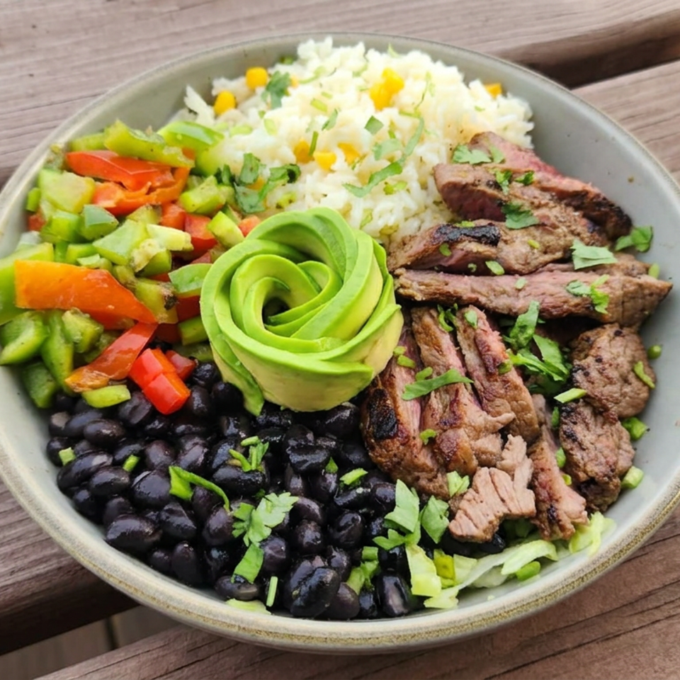 Bowl of grilled beef, rice, black beans, peppers, lettuce, and avocado rose garnished with cilantro on a wooden table.