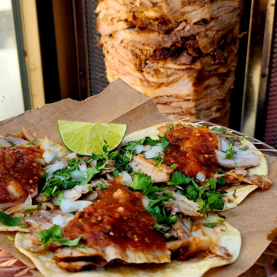 Three meat tacos topped with salsa, cilantro, onions, and lime, served before a vertical spit of roasting meat.