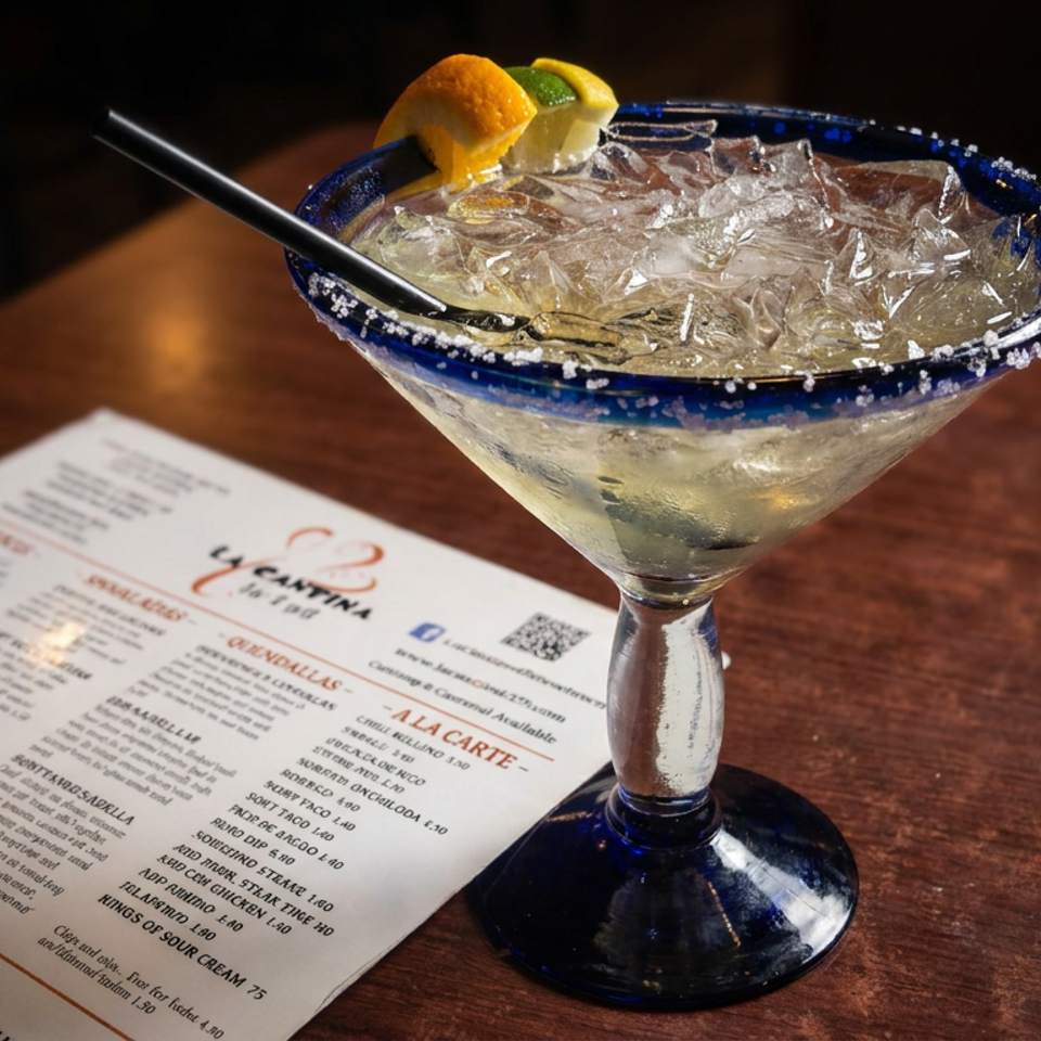 Salt-rimmed margarita with lime and orange garnish on a wooden table beside a restaurant menu.
