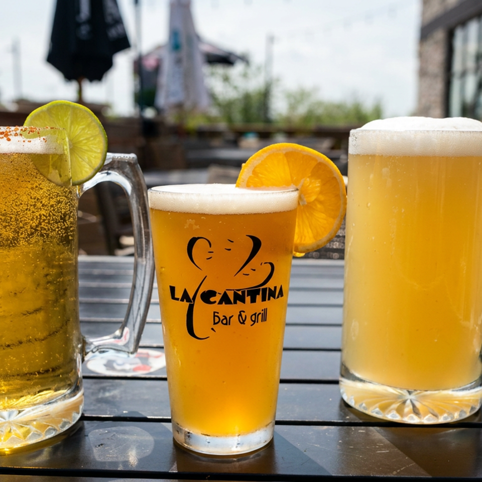 Three beers sit on an outdoor bar table, garnished with lime and orange slices, including a La Cantina Bar & Grill glass.
